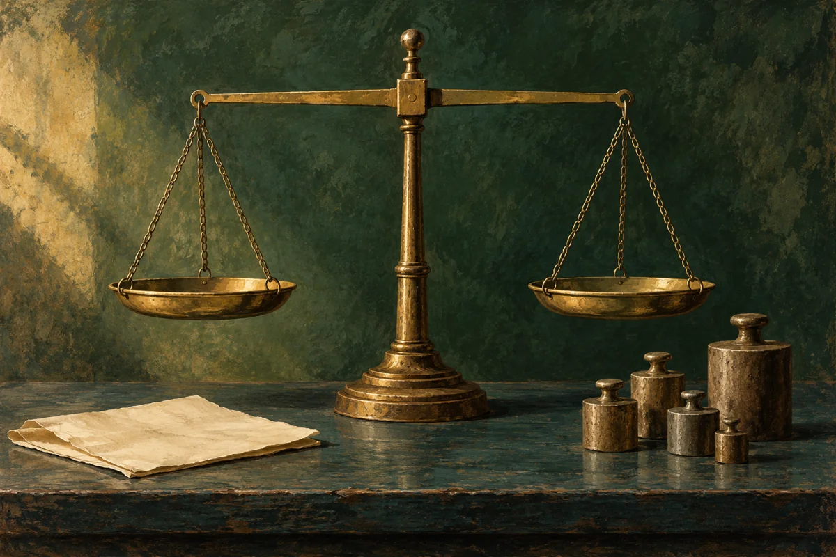 Conceptual gouache illustration of an imagined brass balance and weights on a green table; not a photograph of a particular museum object.