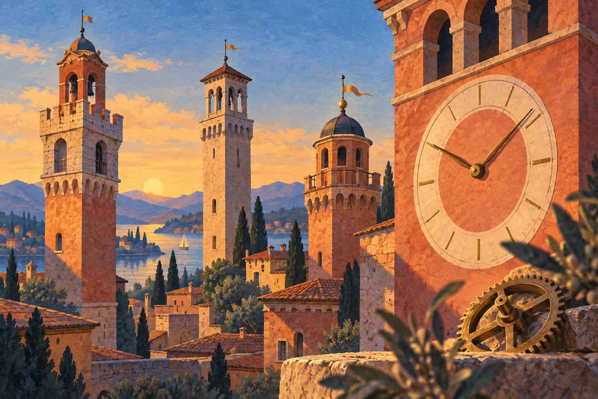 Conceptual gouache illustration of imagined Italian civic towers, a clock dial and a brass gear; no real monument is reconstructed.