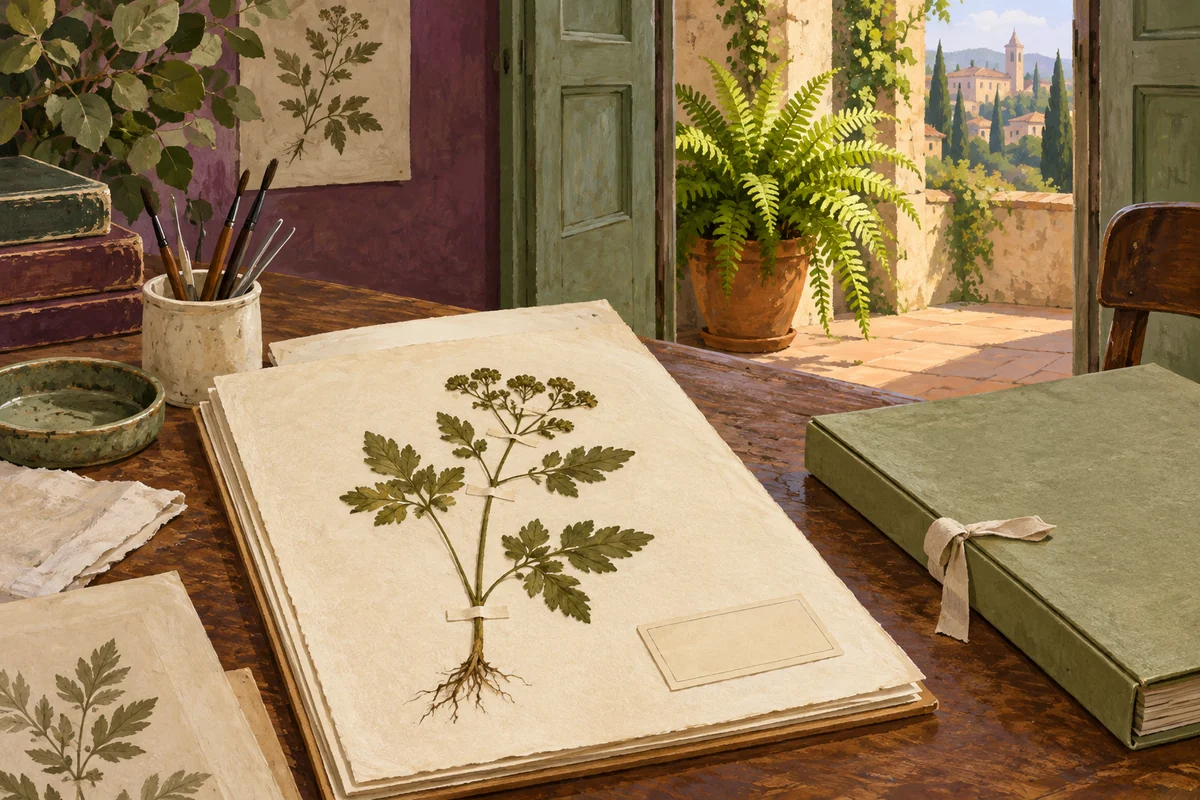 Conceptual gouache illustration of an imagined pressed plant on a sheet beside an archival folder, with a living fern beyond.