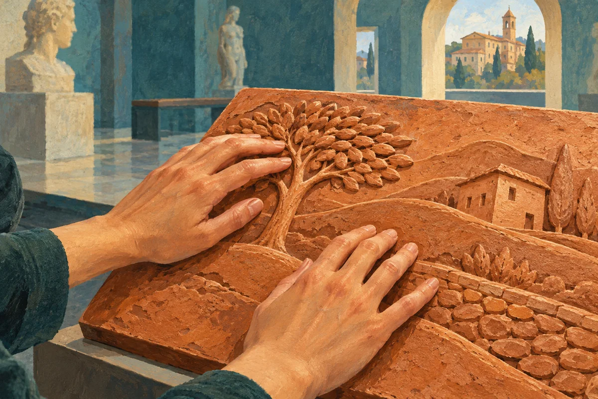 Conceptual gouache of two hands exploring an invented terracotta relief of a tree, hill and house in an imagined gallery.