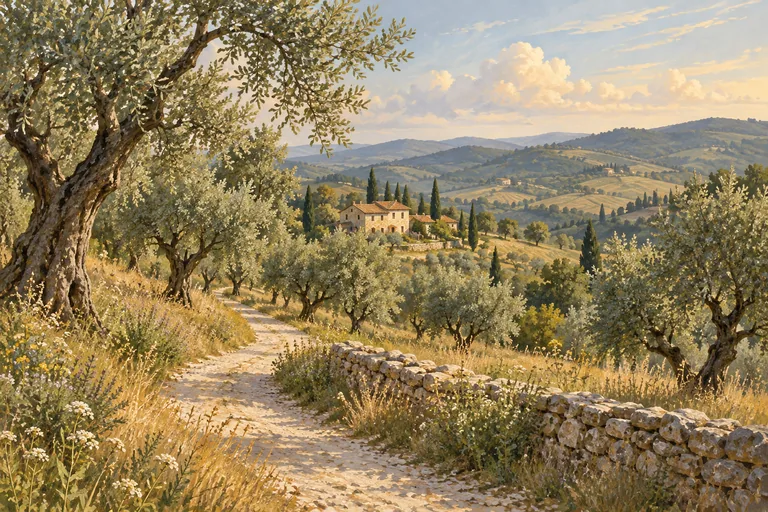 Illustration of a gravel path through olive trees toward a farmhouse among rolling Italian hills.