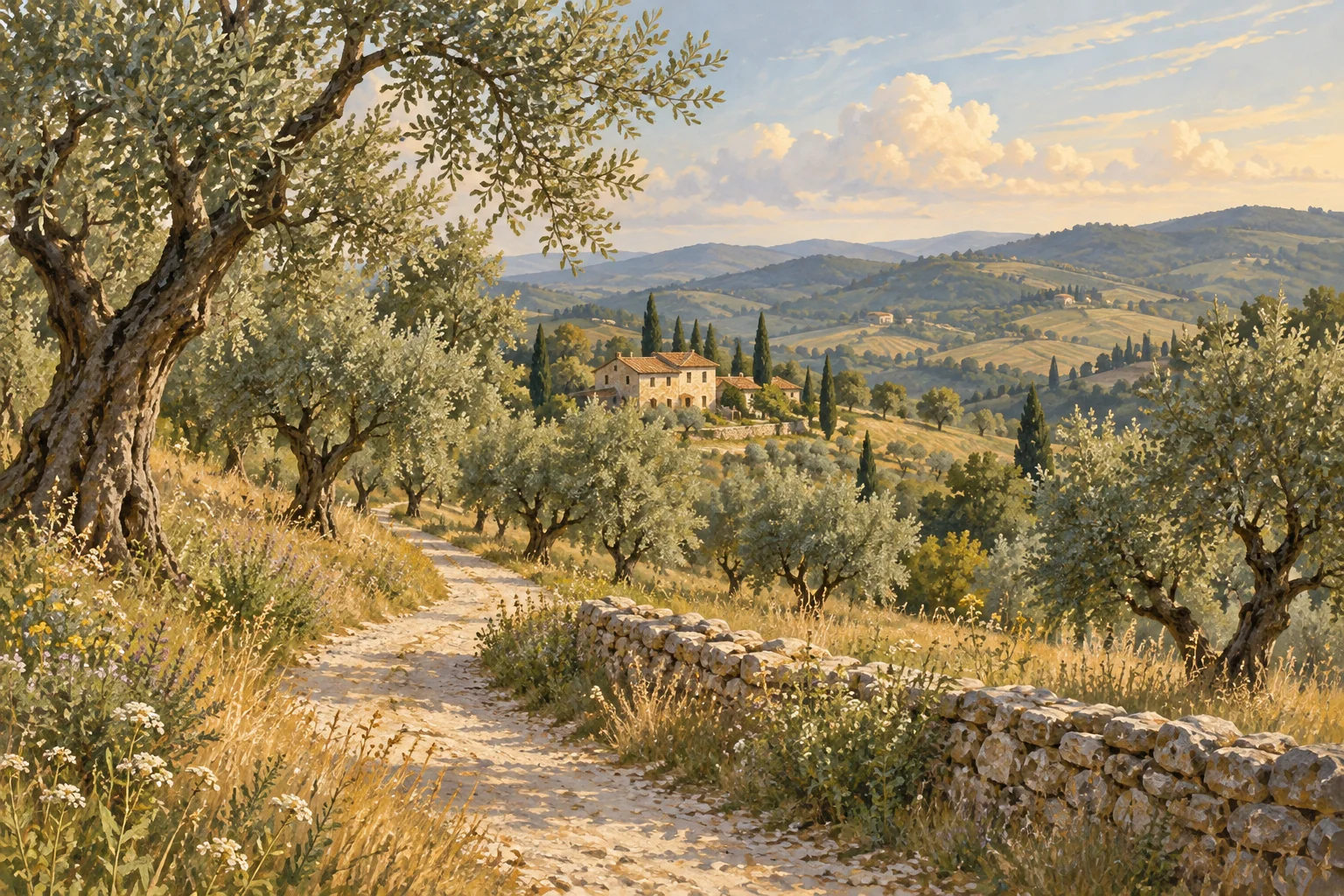 Illustration of a gravel path through olive trees toward a farmhouse among rolling Italian hills.