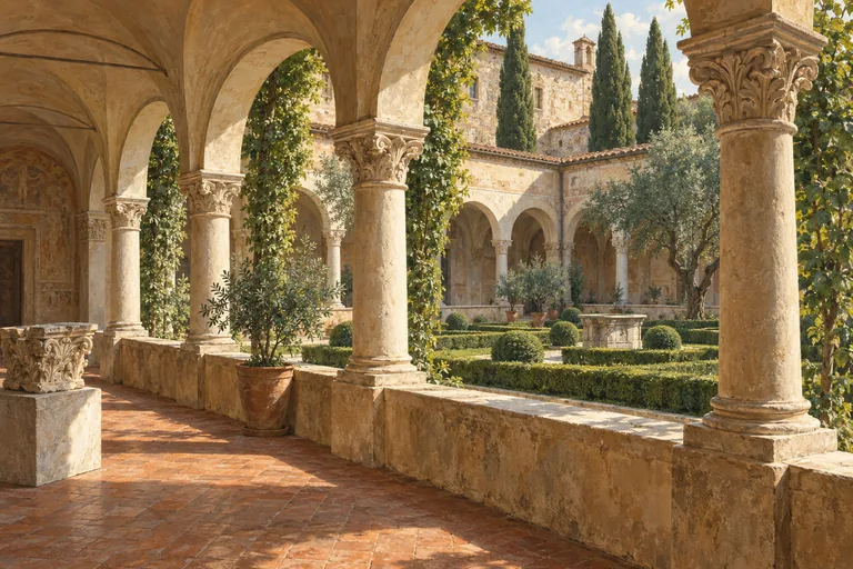 Illustration of stone arches and carved columns around a quiet Italian cloister garden.