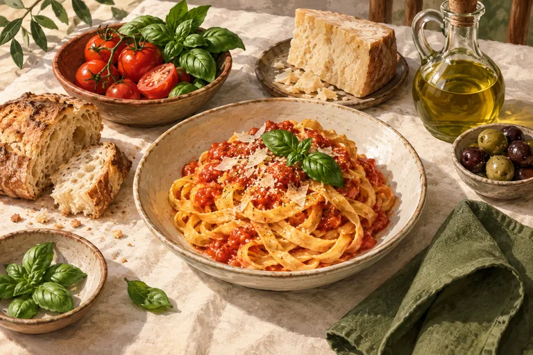 Illustration of tagliatelle, tomatoes, basil, bread, cheese, olives and olive oil on a linen-covered table.