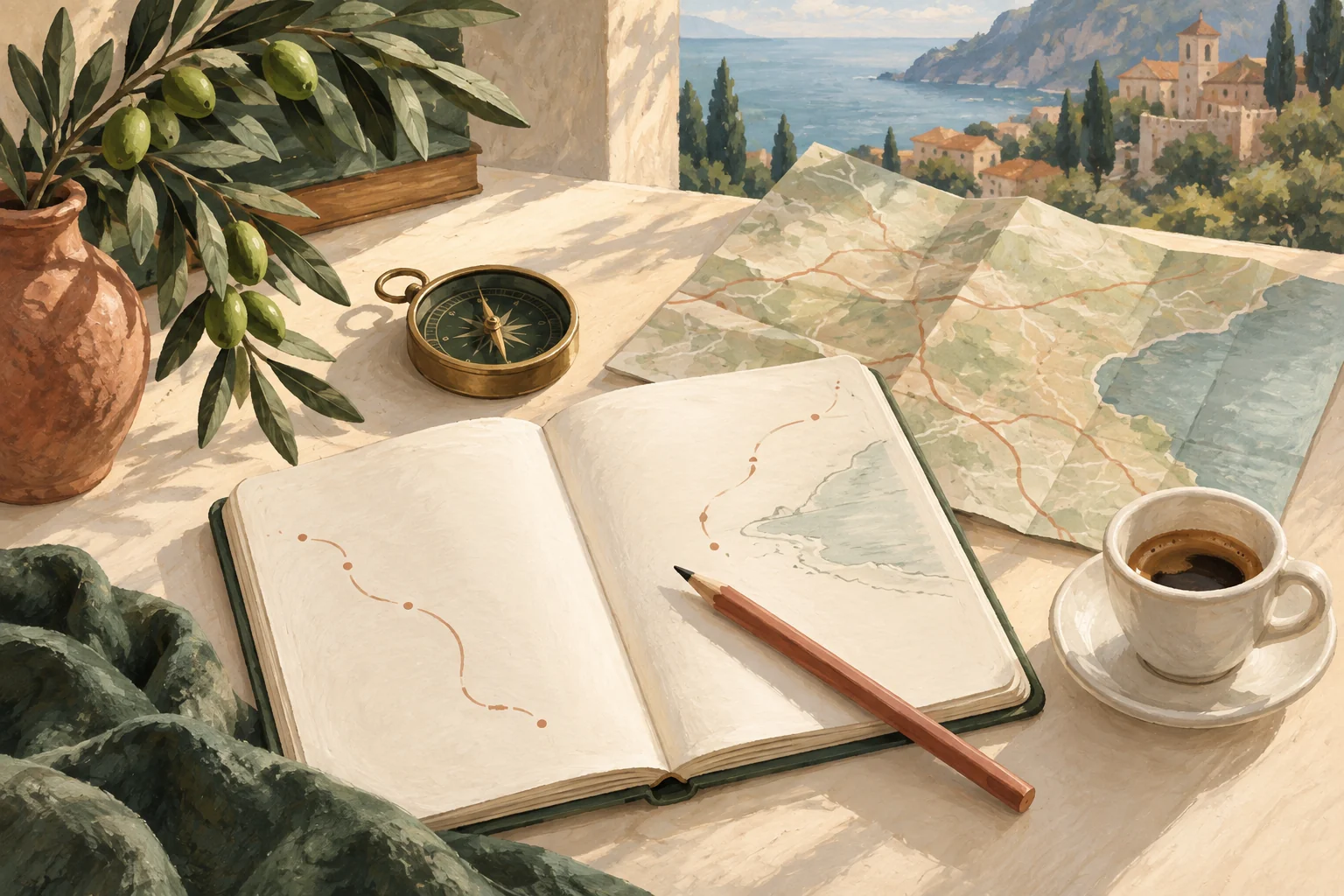 Illustration of an open travel notebook, an unlabeled map, a pencil, a compass and coffee beside a coastal view.