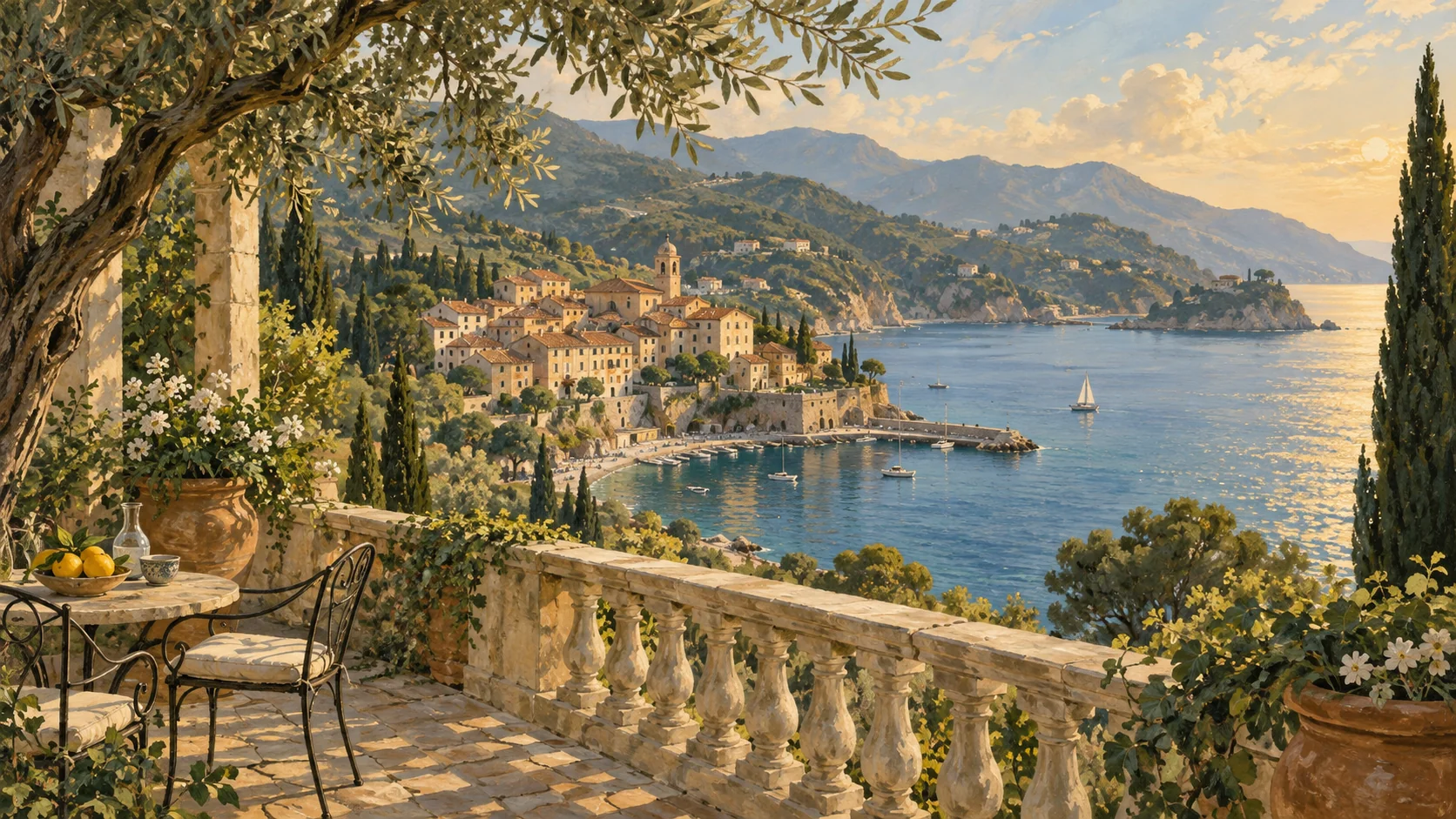 Illustration of a sunlit Italian coastal village and bay viewed from an olive-shaded terrace.